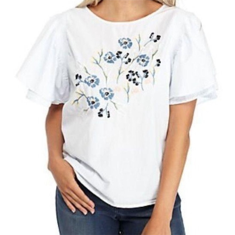 Kaari Blue Flower Embroidered Flutter Top Floral Blue Stripe Large